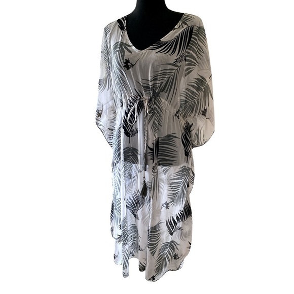 Ladies Palm Leaf Tropical Print Kaftan White Green Size XL LIKE NEW Cover-Up - Picture 1 of 9
